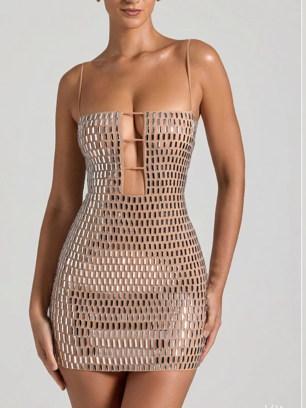 Oh Polly Nude Cutout Mesh Mini Dress